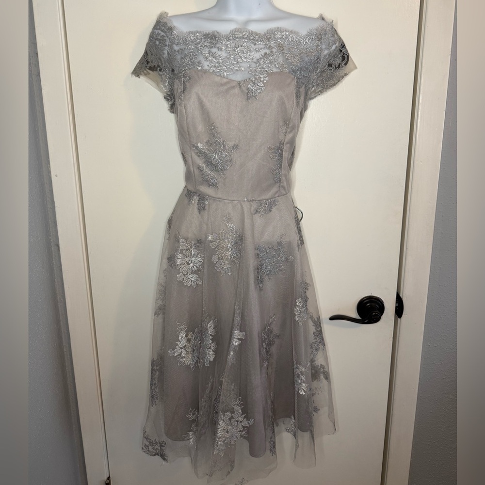 Elegant silver Lace Overlay Dress